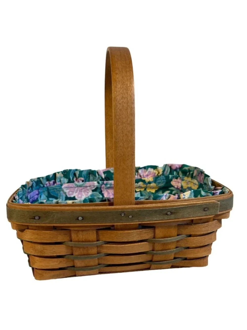 Longaberger Handwoven Basket With Floral Fabric Liner & Plastic Protector